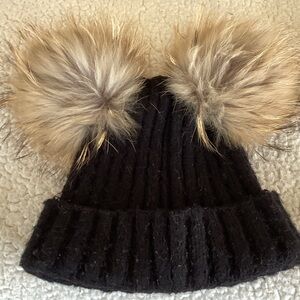 Cozy Black Knit Hat with Faux Fur Pom Poms